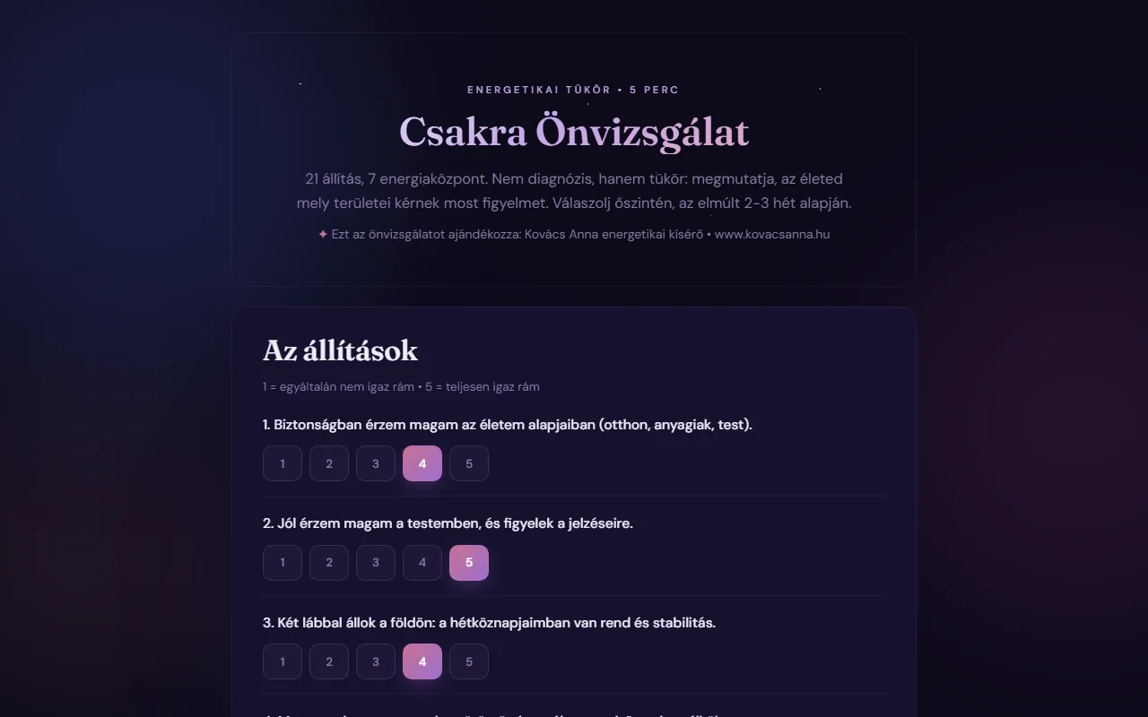 Csakra teszt: Az állítások