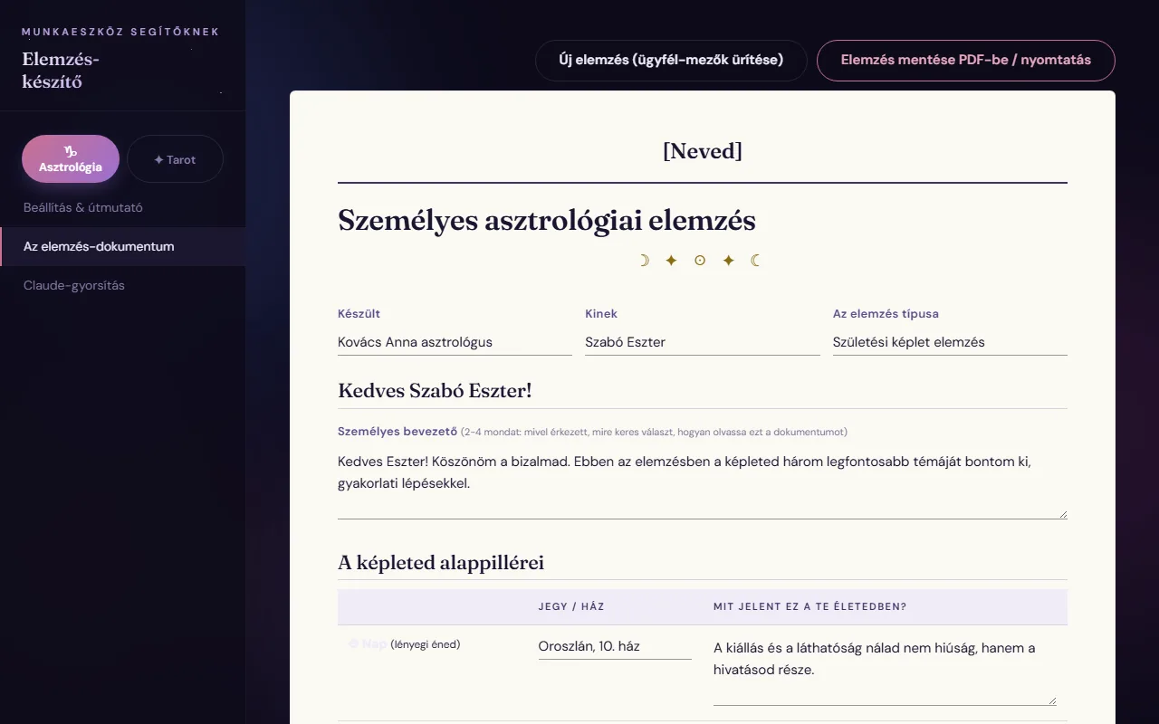 Elemzés-készítő: Asztrológiai elemzés-dokumentum