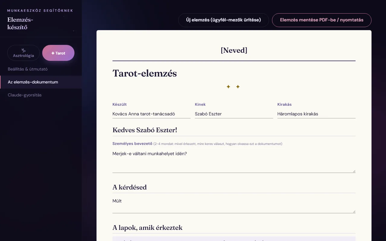 Képernyőkép: Tarot-elemzés · a lapok táblázata