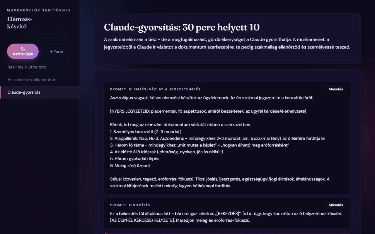 Elemzés-készítő: Claude-gyorsítás · kész promptok