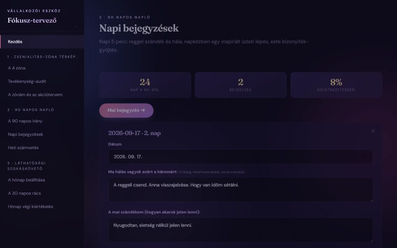 Képernyőkép: 90 napos napló · napi bejegyzések