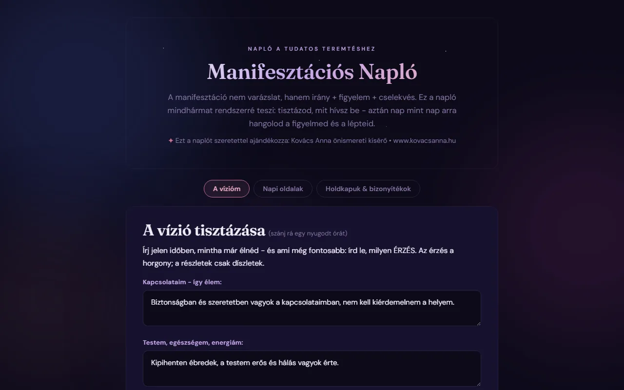 Manifesztációs napló: A vízióm · 5 életterület