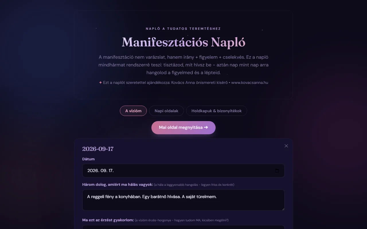 Manifesztációs napló: Napi oldalak