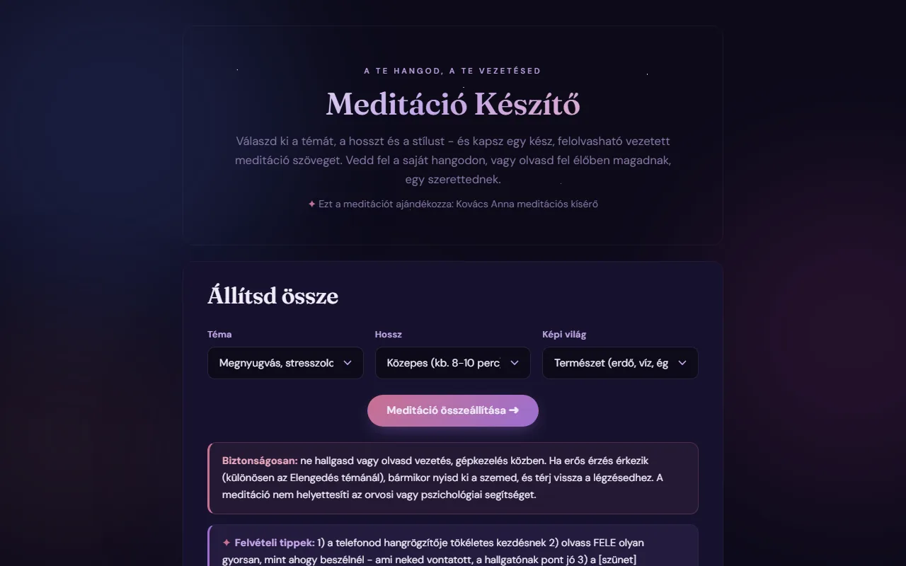 Meditáció készítő: Állítsd össze · téma, hossz, képi világ