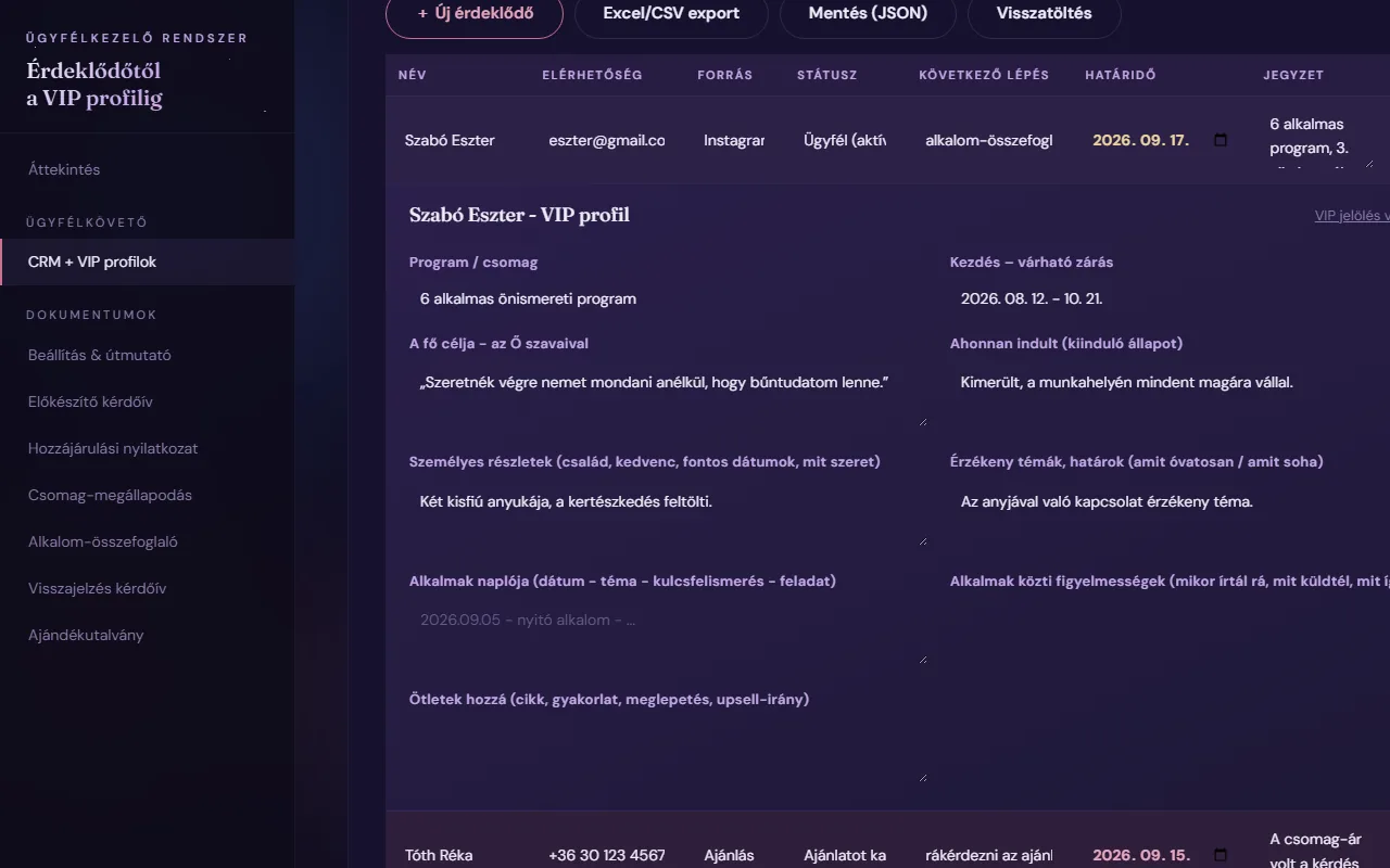 Képernyőkép: VIP-profil egy kattintással