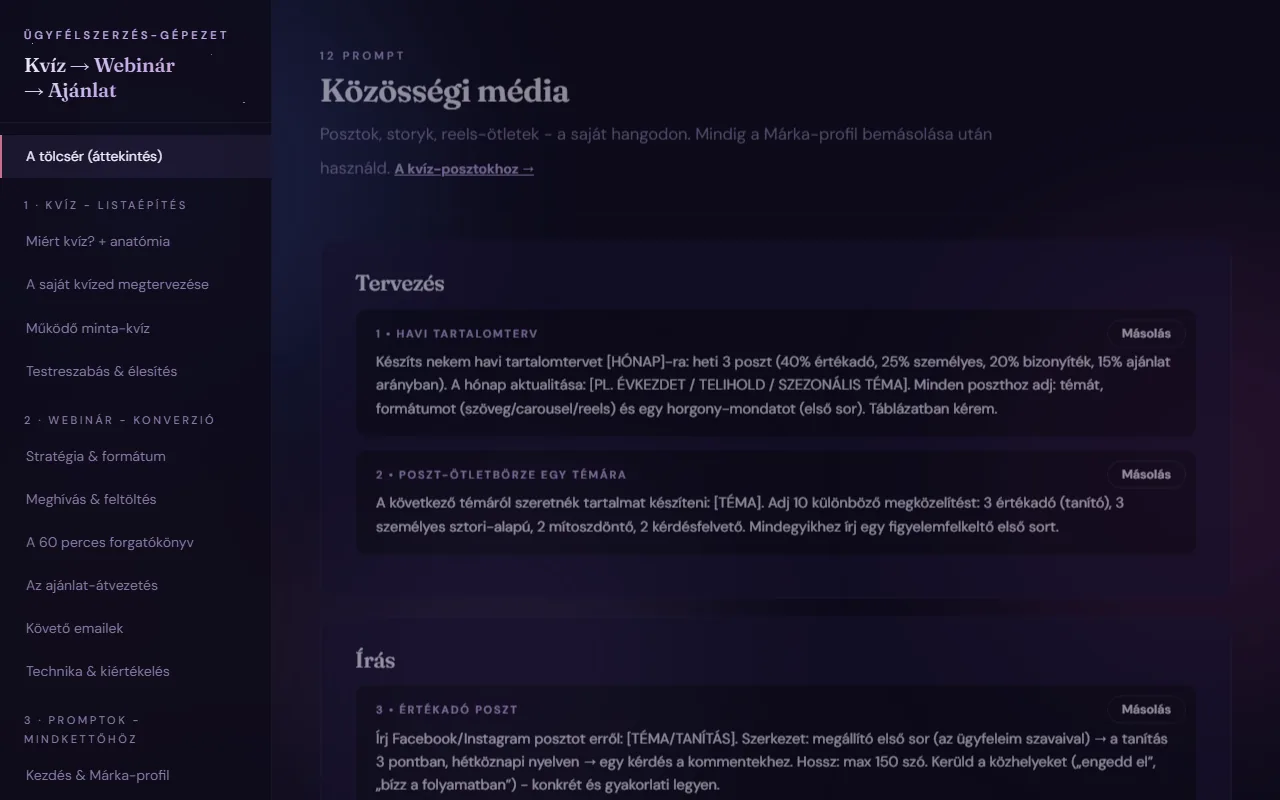 Ügyfélszerzés-gépezet: Promptok · közösségi média
